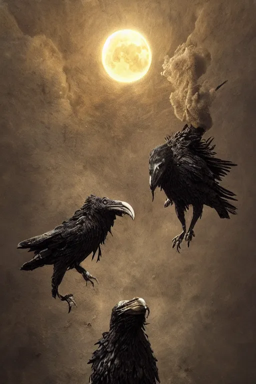 Image similar to Intricate stunning highly detailed surreal ravens by agostino arrivabene and Seb McKinnon, sculpture, ultra realistic, Horror, dramatic lighting, full moon, blood moon, thick black swirling particle smoke tornado, fire embers, trending on artstation