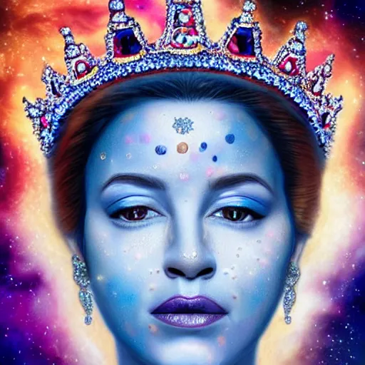 Image similar to a ultra realistic photo portrait of a sublime queen with an acurate , perfect ultra higly detailed and very very realistic wild face and ultra ultra ultra acuratr realistic wild eyes , and a crown of galaxy-colored diamonds, coming out from a colored nebula of a colored galaxy in the inner space wit hundred of stars