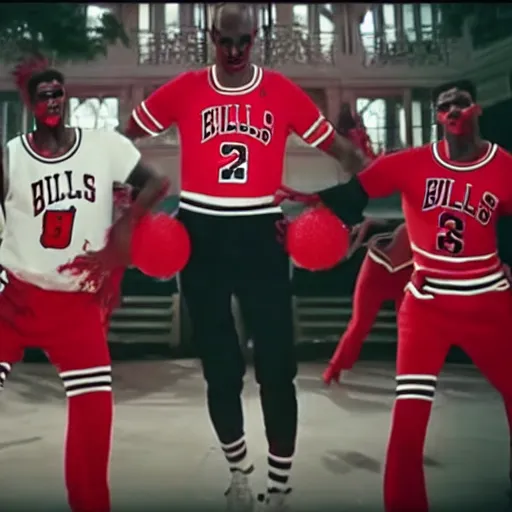 Prompt: still from thriller music video with michael jordan singing in the middle wearing chicago bulls uniform, zombie dancers