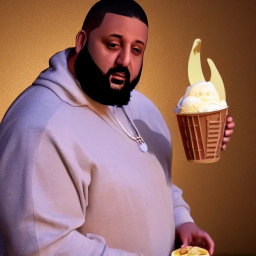 Image similar to a highly detailed realistic photographic render saint dj khaled with ice cream in hands crucified, religious sculpture, cinematic lighting, cinematic scene, Volumetric lighting, Atmospheric scene, Dark, Horror, Atmospheric lighting, Global illumination, realistic, photo realism, hyper realistic, hyper realism, photo realisitc, cinematic render, film, beautifully lit, ray traced, octane 3D render, octane render, unreal engine