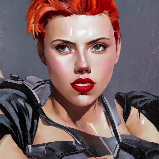 Image similar to greg manchess portrait of scarlett johansson as thick very muscular gothic weightlifter zarya from overwatch with red hair and black lipstick, fantasy medium shot, asymmetrical, profile picture, organic painting, sunny day, matte painting, bold shapes, hard edges, street art, trending on artstation, by huang guangjian and gil elvgren and sachin teng