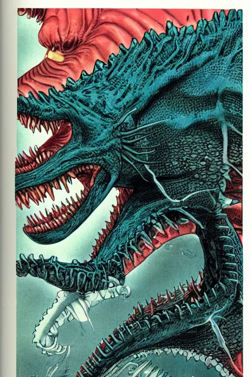 Image similar to biology textbook page, kaiju, 1990s, vintage, anatomy