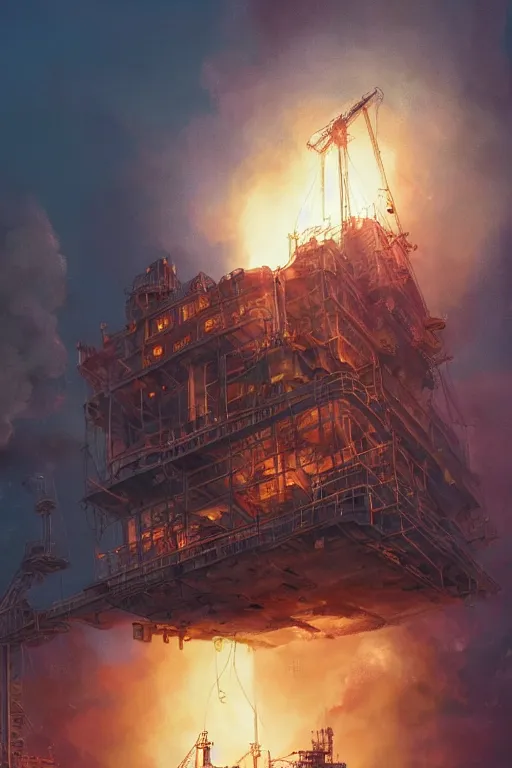 Image similar to a highly detailed matte painting of a soviet steampunk oil rig on fire at night by studio ghibli, makoto shinkai, by artgerm, by wlop, by greg rutkowski, volumetric lighting, octane render, 4 k resolution, trending on artstation, masterpiece
