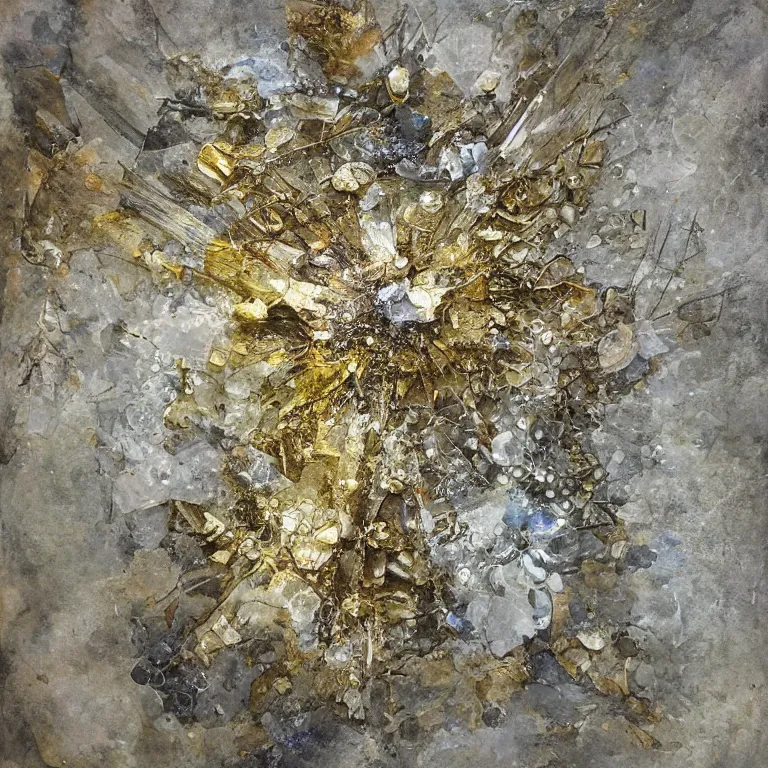 Prompt: the merge, clear crystals embedded, gold trim, faded worn, decay texture, the merge, intricate concept art painting, fantasy, the merge, merge, narrative nature grotesque dark, the merge,