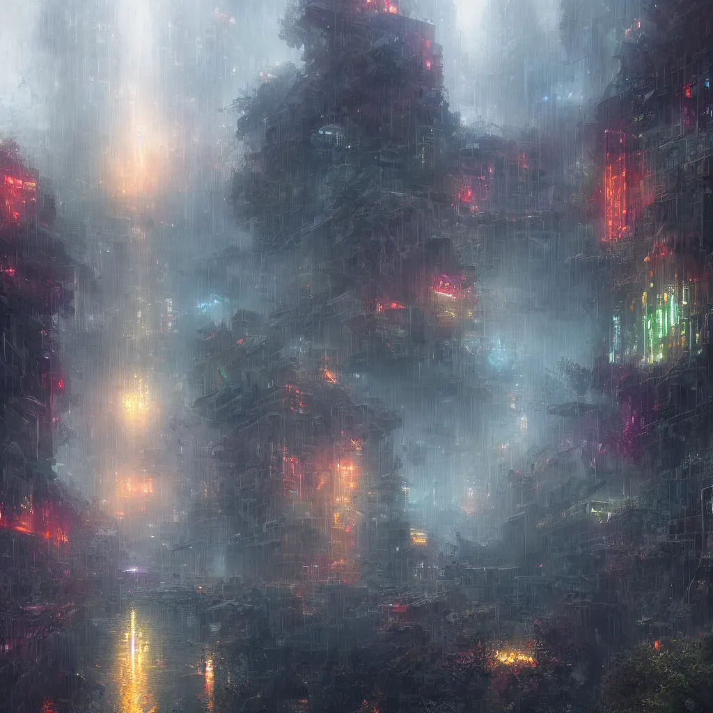 Prompt: ta ha, volumetric lighting, highly detailed, by greg rutkowski, complementing colors, god looking at me, heavy rainy, lofty heavens, water reflection, flowers, hyper realistic, concept art, 8 k detail post - processing, cyberpunk, arcane style