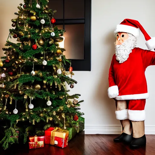 Image similar to a kid at christmas disappointed and sad that his present was a giant moai statue | inside of a house next to a christmas tree