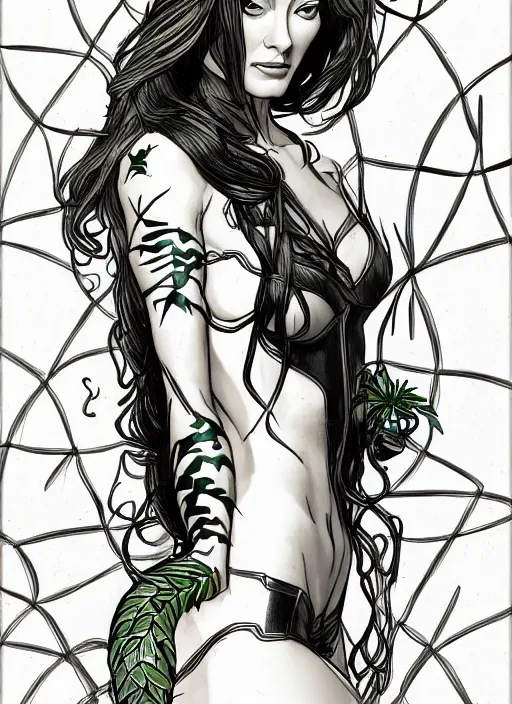 Image similar to symmetry concpet art, full shot, traditional ink, sketch, of olivia wilde as poison ivy, line sketch, intricate, elegant, highly detailed, monochrome, digital painting, artstation, concept art, sharp focus, illustration, art by borderlands 3 and peter polach