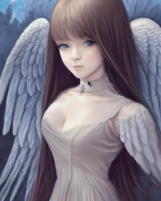 Image similar to an infinitely detailed portrait of a frail and pale female peace angel fully clothed. elegant clothes full - body, beautiful! scenery art!! coherent! by wlop & murata range, by ilya kuvshinov. victorian armor. artstation!! / pixiv!! elegantly armored angel portrait full - body, dreamy art