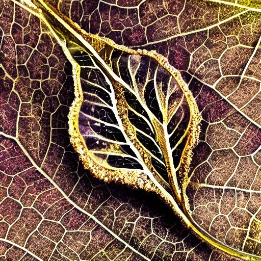 Image similar to Intricate a whole fantasy leaf, encrusted with jewels, shiny gold, detailed veins, sharp focus, octane render, high quality, 8k, volumetric lighting, on black background