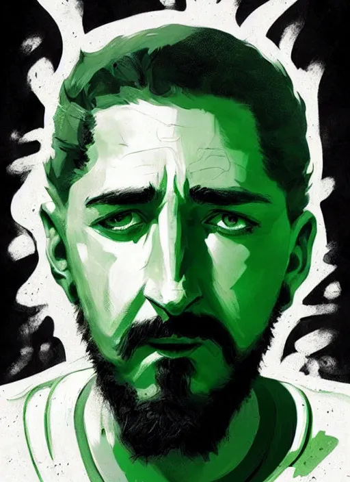 Image similar to highly detailed closeup portrait motivational poster of creepy staring shia lebouf with large bold letter motivational words by atey ghailan, by greg rutkowski, by greg tocchini, by james gilleard, by joe fenton, by kaethe butcher, gradient green, black and white color scheme, grunge aesthetic!!! ( ( graffiti tag wall background ) )