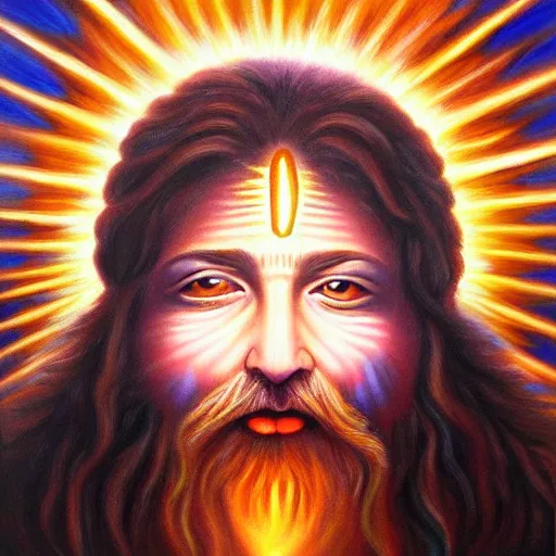Prompt: hyper realistic painting of god opening his third eye