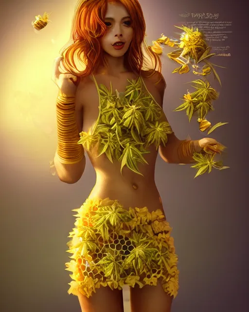 Image similar to beautiful marijuana as honey, made of honey, wearing honey - themed miniskirt, award winning creature portrait photography, extremely detailed, artstation, 8 k, sensual lighting, incredible art, wlop, artgerm, backlit, rim lighting, hi - fructose