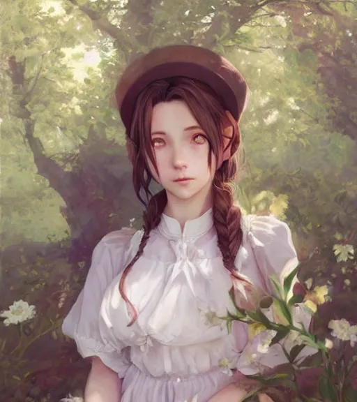 Image similar to aerith gainsborough in a cottagecore dress, portrait, illustration, rim light, top light, perfectly shaded, spring time, slight overcast lighting, soft painting, art by krenz cushart and wenjun lin