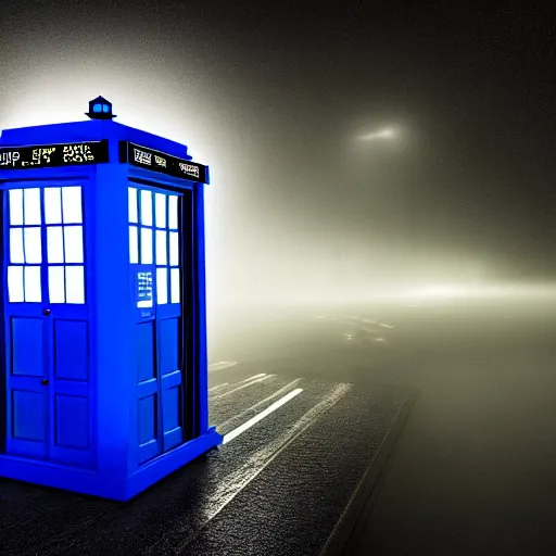 Prompt: a hyperdetailed photograph of the tardis sat on a futuristic street corner, night, dense fog, rain, hd, 8 k resolution