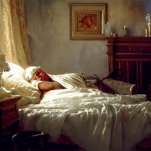 Image similar to the pope laying down in his bed, terrified, because a double horned shadow demon is in the bedroom. highly detailed painting by gaston bussiere, greg rutkowski, craig mullins 8 k