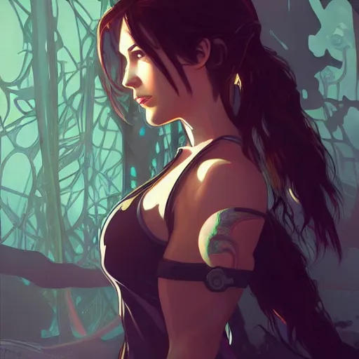 Prompt: Lara Croft, ambient lighting, 4k, alphonse mucha, lois van baarle, ilya kuvshinov, rossdraws, artstation