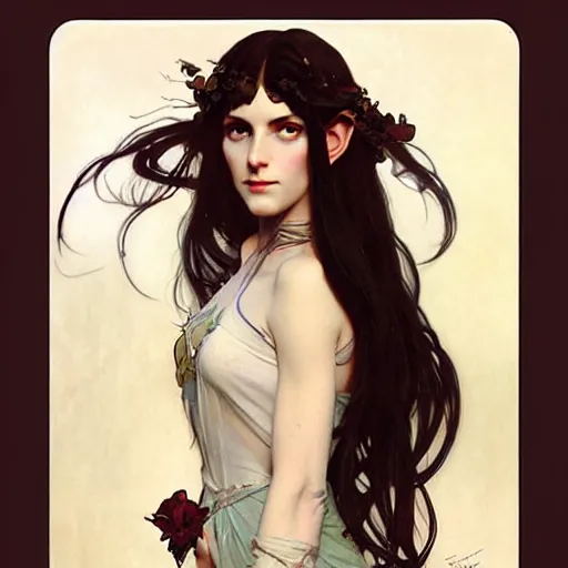 Image similar to Portrait of a pretty half-elf half-vampire young woman. Her hair has black strands and white strands. Her eyes have red irises and vertical pupils. Art by Greg Rutkowski and Alphonse Mucha