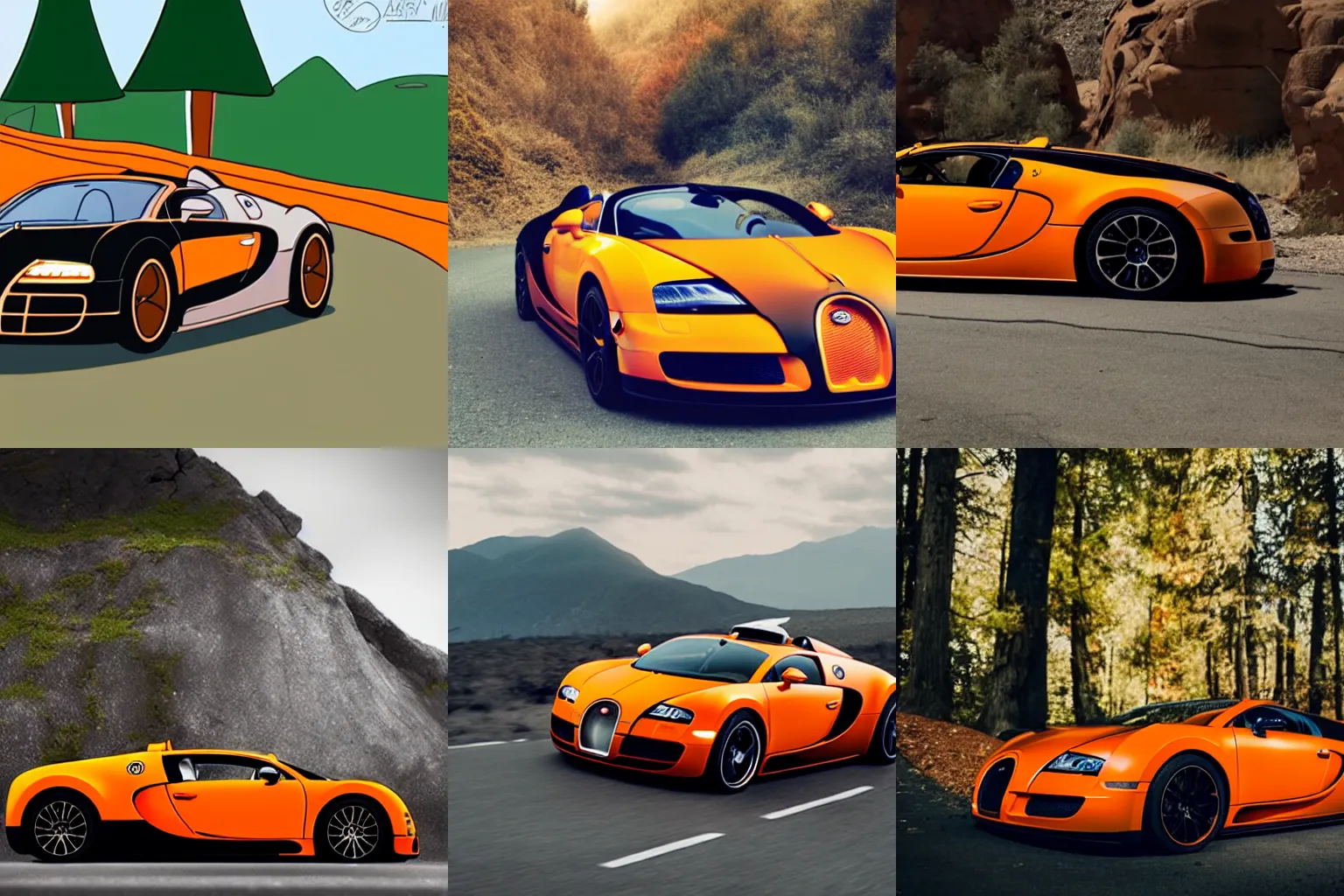 Prompt: an orange and black bugatti veyron in adventure time