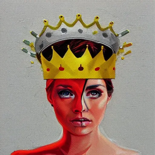 Prompt: an elegant yellow!! bird!!! wearing a crown!!! and a red! bow!! tie!!, painting in the style of sandra chevrier, very very beautiful, high quality, detailed, 4k, digital art, artstation, smooth