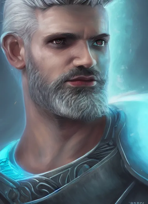 Image similar to an epic fantastic realism comic book style portrait painting of an aasimar paladin, male, silver hair, short brown beard, d & d concept art, unreal 5, daz, teal aesthetic, octane render, cosplay, rpg portrait, dynamic lighting