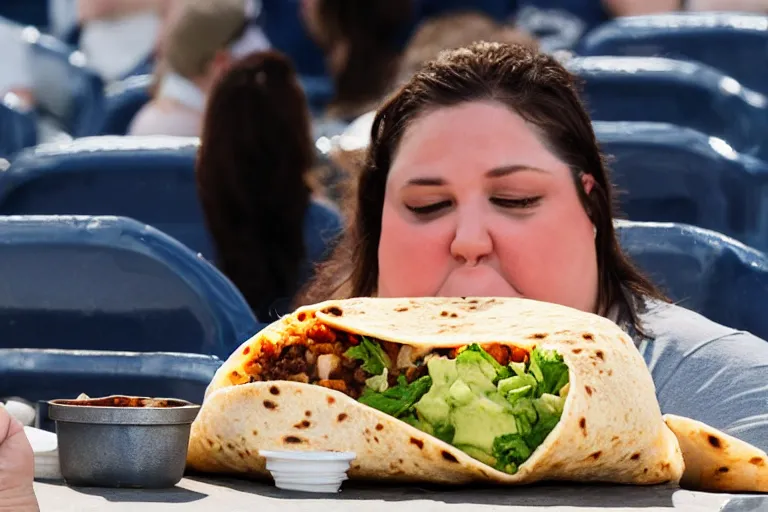 Image similar to obese woman eating a giant burrito sitting at a baseball game, photograph,