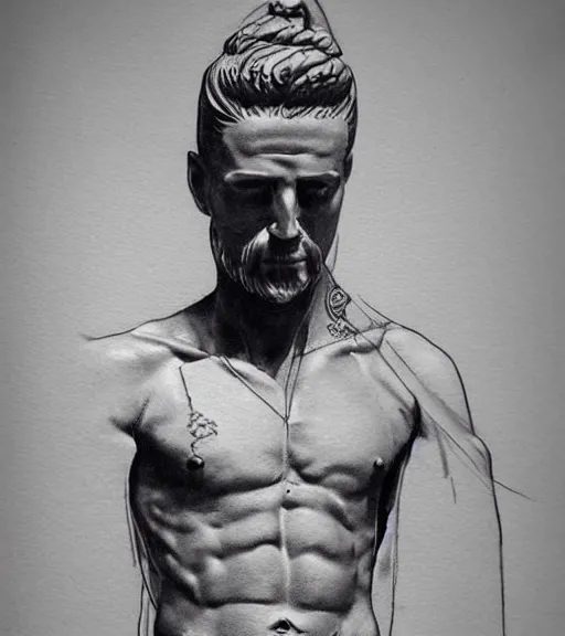 Image similar to tattoo design sketch of the statue of david cracked, in the style of den yakovlev, realistic face, black and white, realism tattoo, hyper realistic, highly detailed