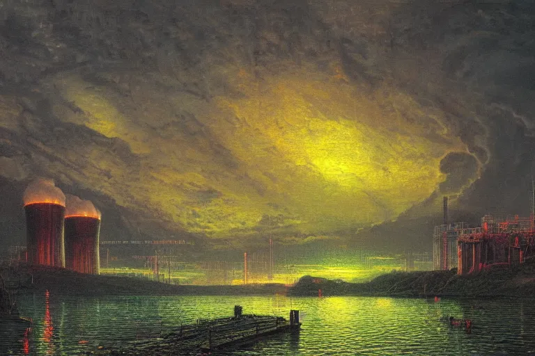 Prompt: landscape painting of an eerie nuclear power station with a glowing chemical leak in the river by thomas kinkade, gustave dore, laurie greasley, sandro botticelli, and claude lorrain. iridescent glowing water and fog, squid plants tentacles.