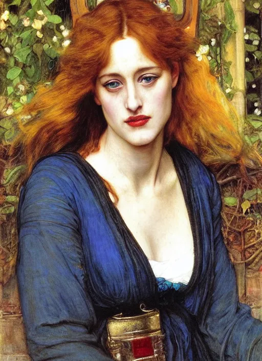 Image similar to a beautiful painting of young gillian anderson by John Everett Millais and Dante Gabriel Rossetti and John Collier and john william waterhouse, pre-raphaelite, detailed, trending on artstation