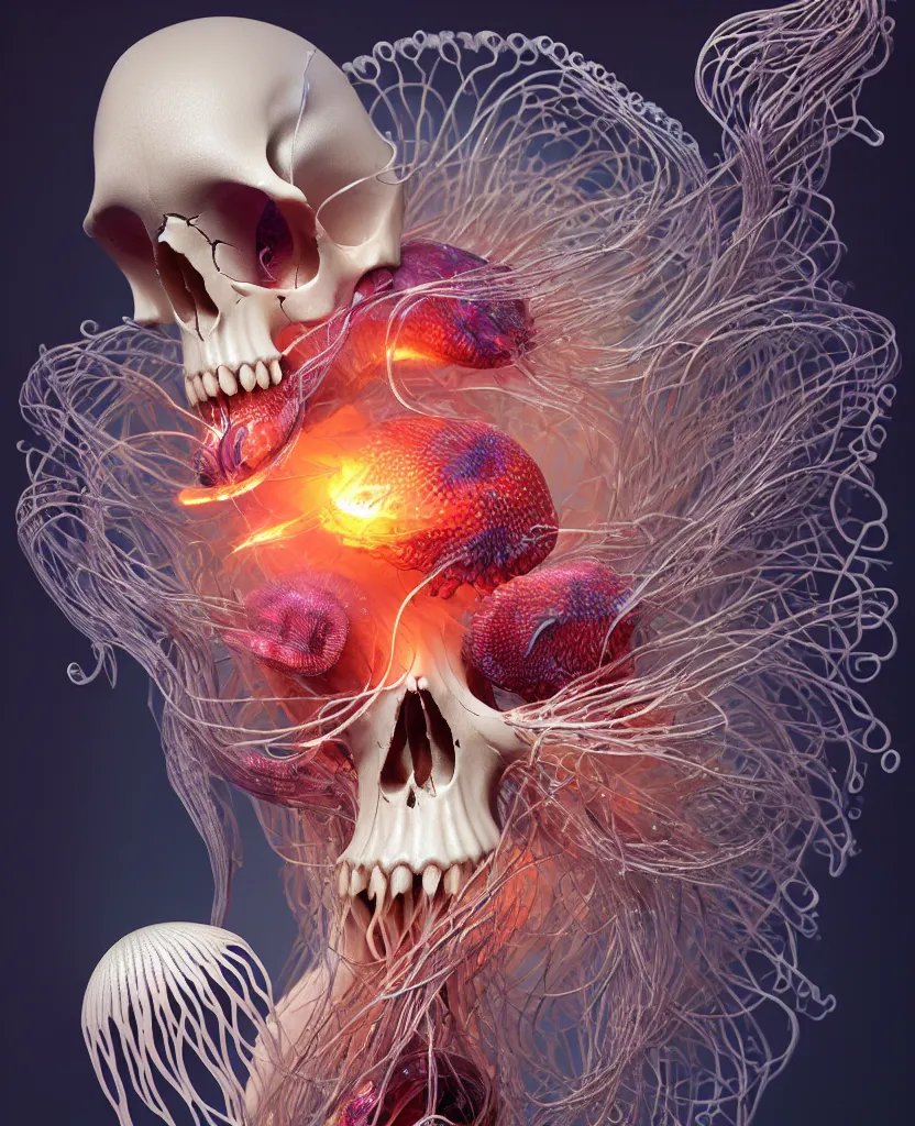 Image similar to goddess close-up portrait animal skull. jellyfish phoenix head, nautilus, orchid, skull, betta fish, bioluminiscent creatures, intricate artwork by Tooth Wu and wlop and beeple. octane render, trending on artstation, greg rutkowski very coherent symmetrical artwork. cinematic, hyper realism, high detail, octane render, 8k