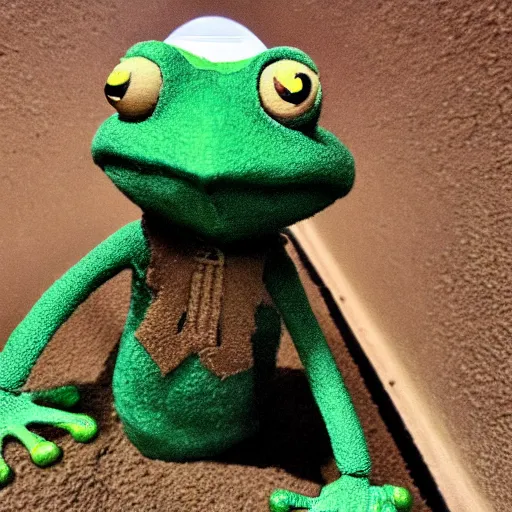 Prompt: kermet the frog in a trench in ww 2