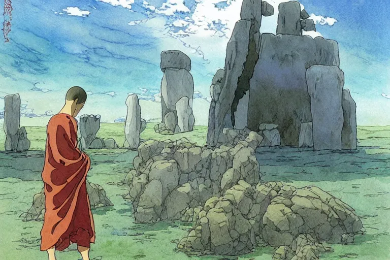 Image similar to a hyperrealist studio ghibli watercolor fantasy concept art. in the foreground is a giant monk in a grey robe lifting a stone. in the background is stonehenge. the scene is underwater on the sea floor. by rebecca guay, michael kaluta, charles vess