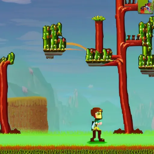 Prompt: side scroller video game of man in landscape of giant asparagus
