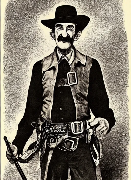 Image similar to Barry Chuckle is the most rootinest, tootinest sheriff of the old West. Lithograph 1889