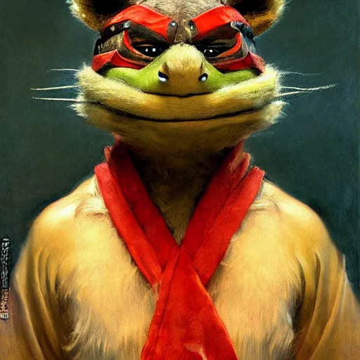 Image similar to a portrait of a furry splinter ninja turtles wearing a red kimono, hairy, furry body, furry arms, feet, tail. highly detailed painting by gaston bussiere, craig mullins, j. c. leyendecker, furry