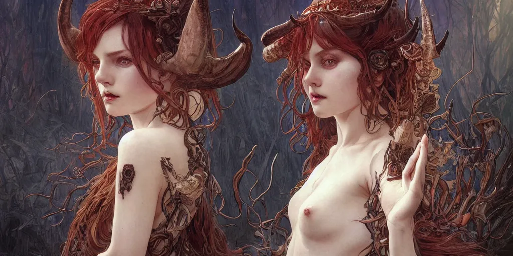 Prompt: posessed, sould demons a beautiful illustration of a witch with horns in head, young cindy crowford, redhead, intricate, sharp focus, illustration, highly detailed, digital painting, concept art, matte, art by wlop and artgerm and greg rutkowski and alphonse mucha, masterpiece