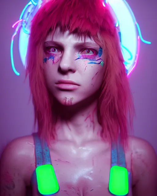 Prompt: portrait of a neon raver girl in a butchery, confused expression, cgsociety, detailed, unreal engine, textured, cinematic, character design