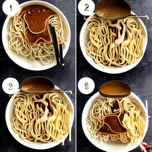Image similar to making of an edible giraffe from noodles and soy sauce in 4 steps, starting with a bowl of noodles and ending with a noodle giraffe, each step is a progression from the last, dslr