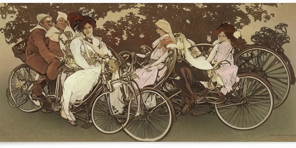 Prompt: three people share a bike, front and rear seats, lovely, by alphonse maria mucha