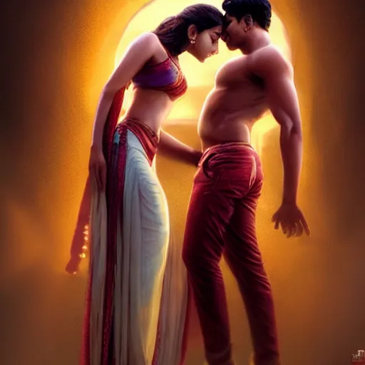 Image similar to perfectly centered bollywood movie promotional poster of anatomically correct hero and heroine intimate romantic pose, faces symmetrical ; real life portrait, ultra realistic, high coherence, intricate, hdr, highly detailed, photorealistic, octane render, 8 k, unreal engine ; art by artgerm, greg rutkowski, charlie bowater