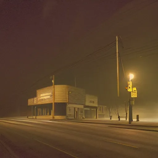 Prompt: A stunningly beautiful award-winning 8K high angle close up cinematic movie photograph of a spooky foggy empty lightless moonlit main intersection in an abandoned 1950s small town at night, by David Fincher and Darius Khonji. perfect composition, shot from roofline, moody low key backlit. Color palette from Seven, greens yellows and reds. 2 point perspective, high angle from 15 feet off the ground. Octane render