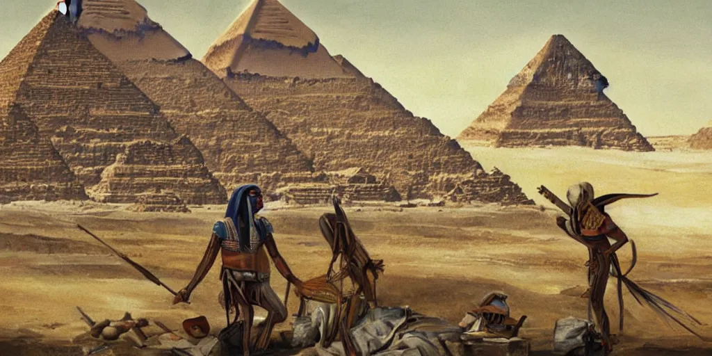 Image similar to extremely detailed painting of a prehistoric android working on an egyptian pyramid, daylight, sunny