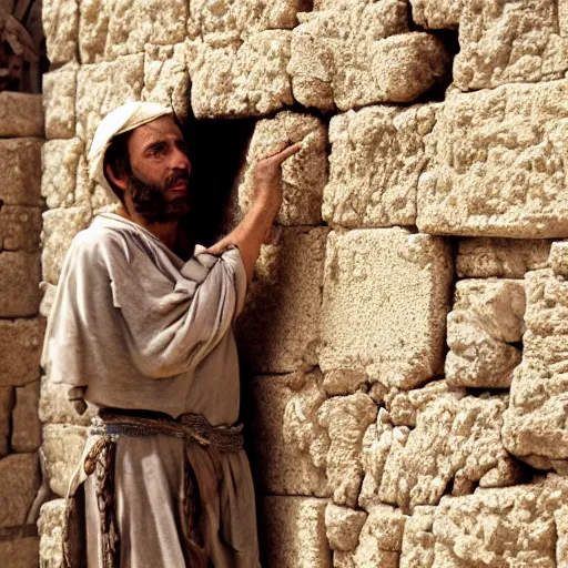 Prompt: award winning cinematic still of 40 year old man in ancient Canaanite clothing building a broken wall in Jerusalem, directed by Steven Spielberg