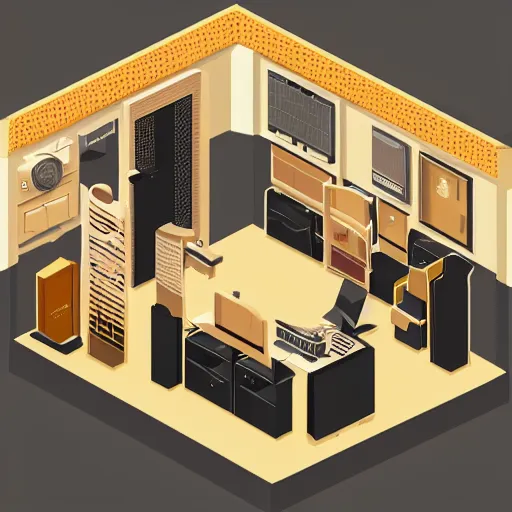Prompt: isometric diorama box of a computer server bank room, black background, shadow background, dark background, gold, art deco, rust, worn, room full of computers, desks, abandoned, ruins, old, dust, office furniture, wires, cables