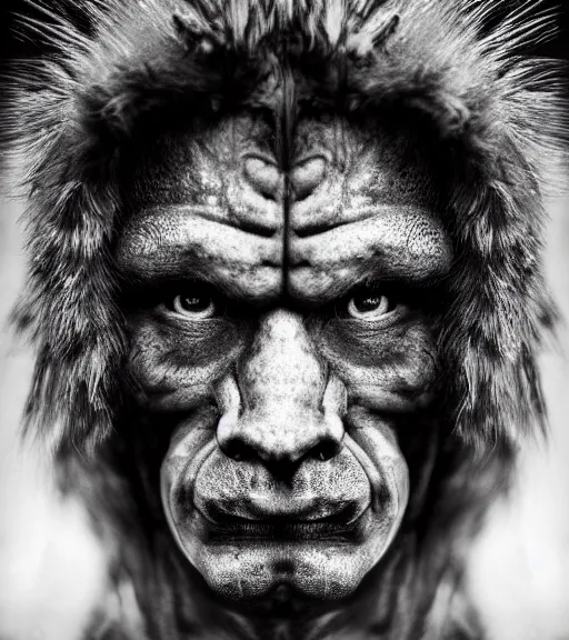 Prompt: Award winning Editorial photograph of Early-medieval doge-orc with incredible hair and fierce hyper-detailed eyes by Lee Jeffries and David Bailey, 85mm ND 4, perfect lighting, a heart-shaped birthmark on the forehead, dramatic highlights, wearing traditional garb, gelatin silver process