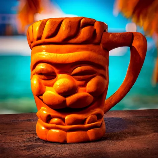 Image similar to a closeup photorealistic photograph of an orange cat garfield style tiki mug sitting at a trader vic's bar featuring garfield's face. tiki party. bright scene. fine detail. this 4 k hd image is trending on artstation, featured on behance, well - rendered, extra crisp, features intricate detail, epic composition and the style of unreal engine.