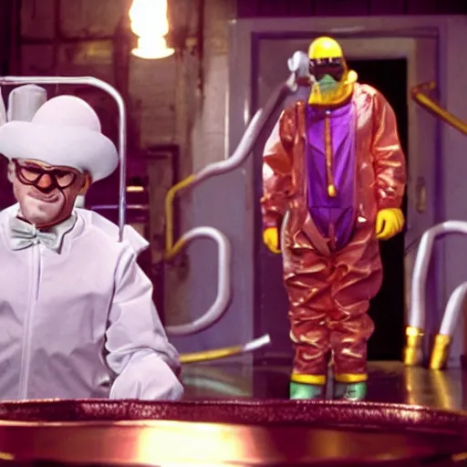 Willy Wonka with Walter White dressed in hazmat suits, Stable Diffusion