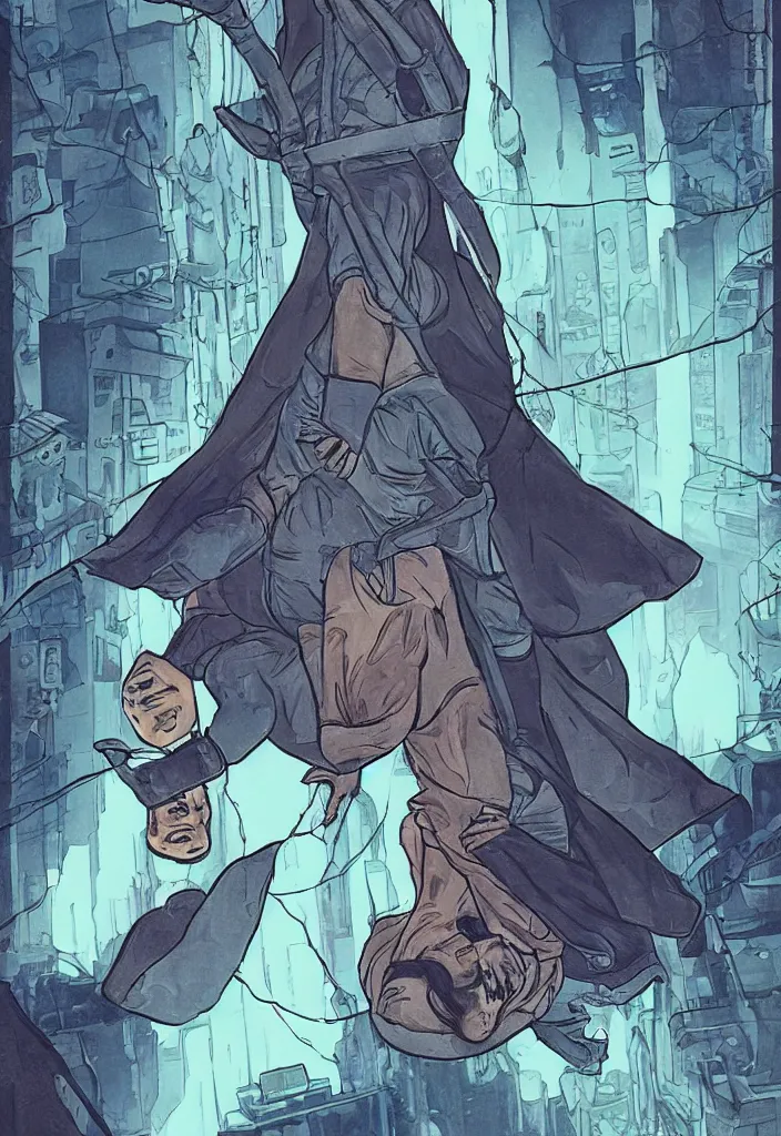 Image similar to the hanged man tarot card in a cyberpunk style