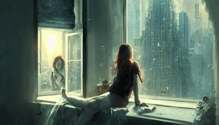 Image similar to window, eye, women, buildings, surprise, scared, couch by wlop, artgerm, greg rutkowski