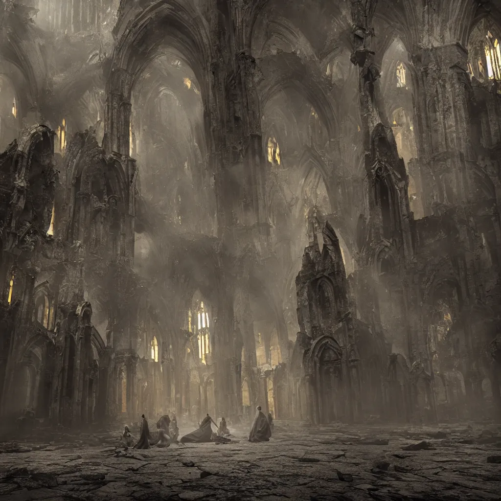 Prompt: Photorealistic strange dark monks perform a ritual in a ruined cathedral. Ominous storm clouds, strange levitating stones, stones falling from the sky, a gentle rising mist. occult photorealism, UHD, amazing depth, glowing, golden ratio, 3D octane cycle unreal engine 5, volumetric lighting, cinematic lighting, cgstation artstation concept art