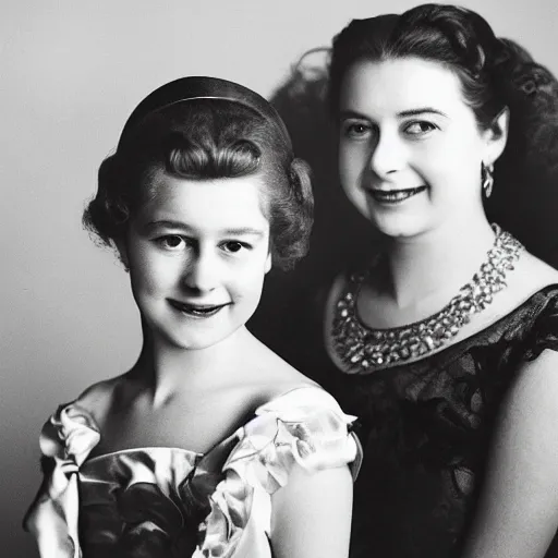 Image similar to A portrait photo of queen elizabeth teams up with a teenage queen elizabeth, perfect faces, 50 mm, award winning photography